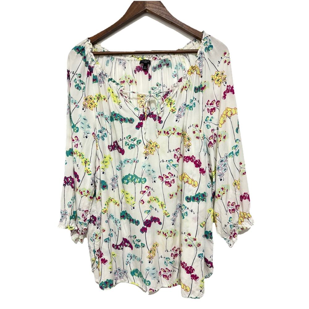 Talbots Woman 2X Floral Peasant Blouse White Tie Neck 3/4 Sleeve Top